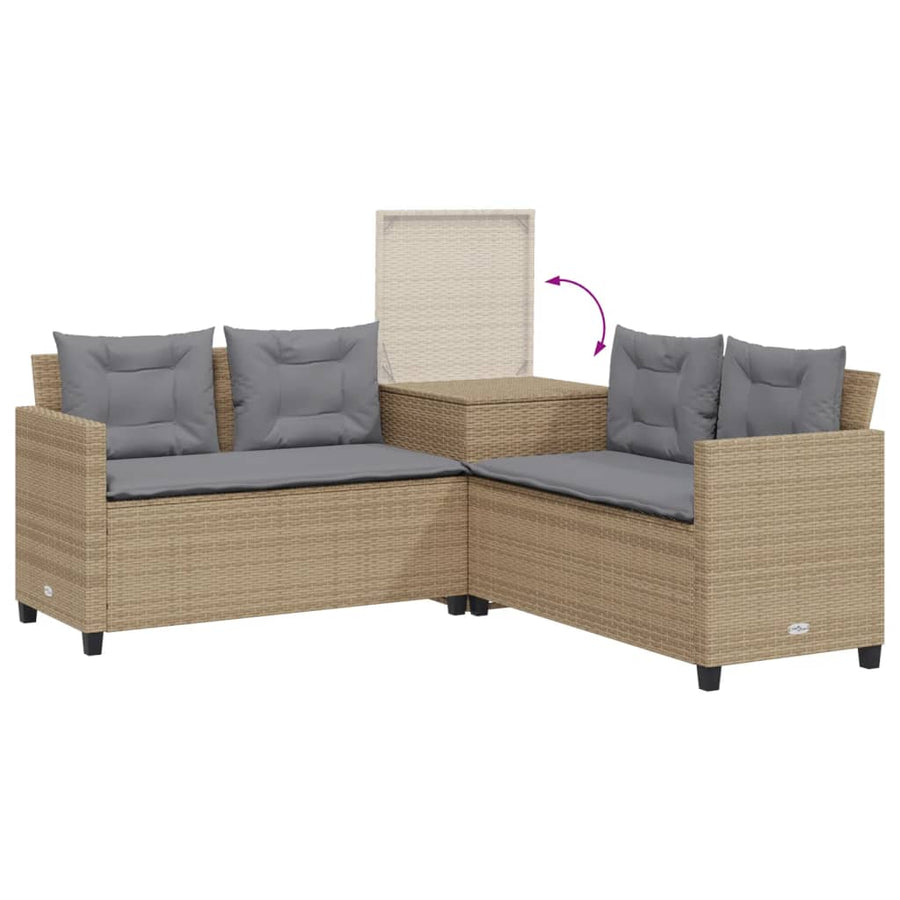 Tuinbank met tafel en kussens L-vormig poly rattan beige