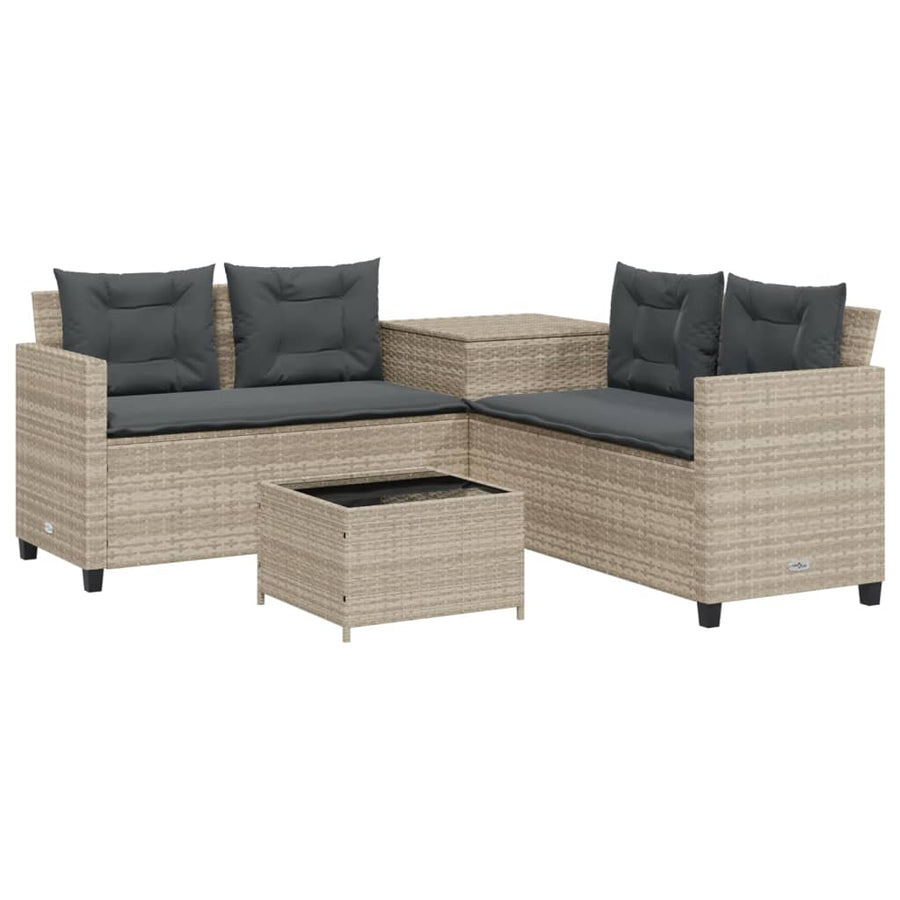 Tuinbank met tafel en kussens L-vormig poly rattan lichtgrijs
