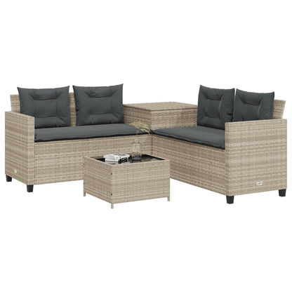 Tuinbank met tafel en kussens L-vormig poly rattan lichtgrijs
