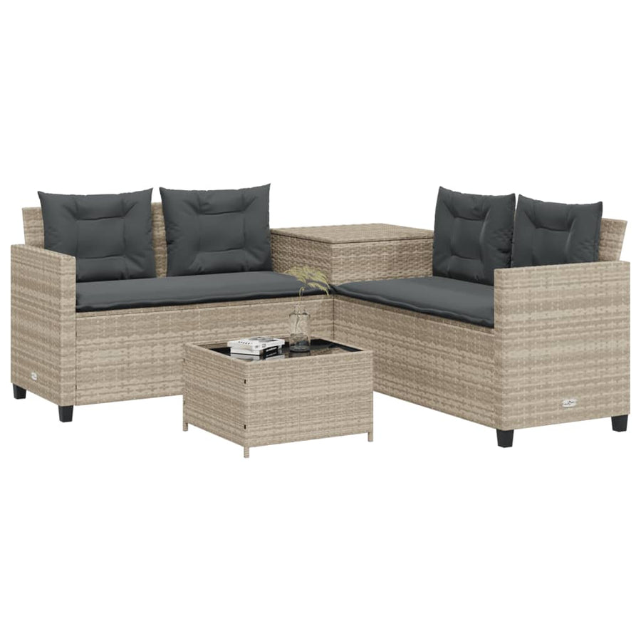 Tuinbank met tafel en kussens L-vormig poly rattan lichtgrijs