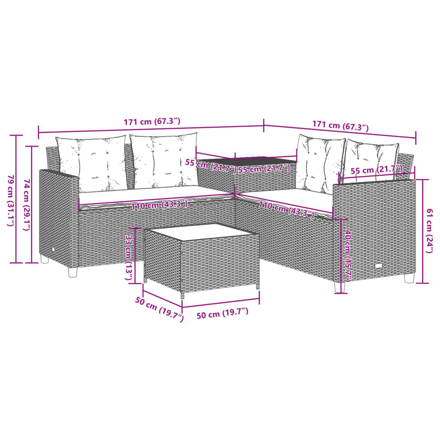 Tuinbank met tafel en kussens L-vormig poly rattan lichtgrijs