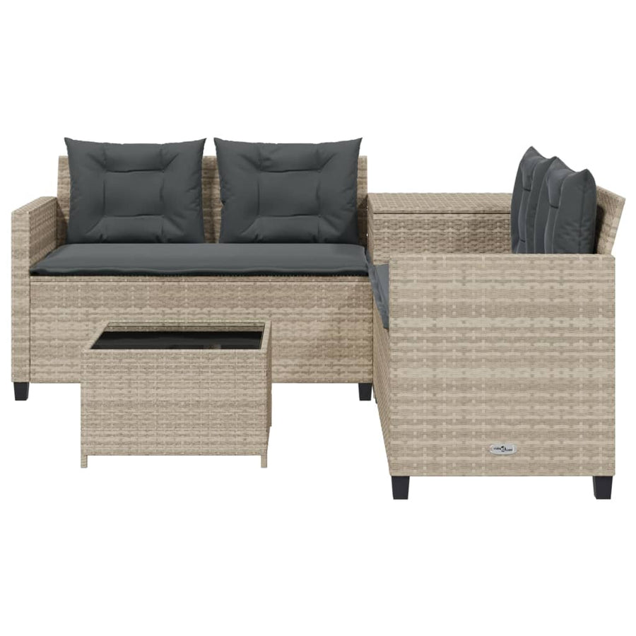 Tuinbank met tafel en kussens L-vormig poly rattan lichtgrijs