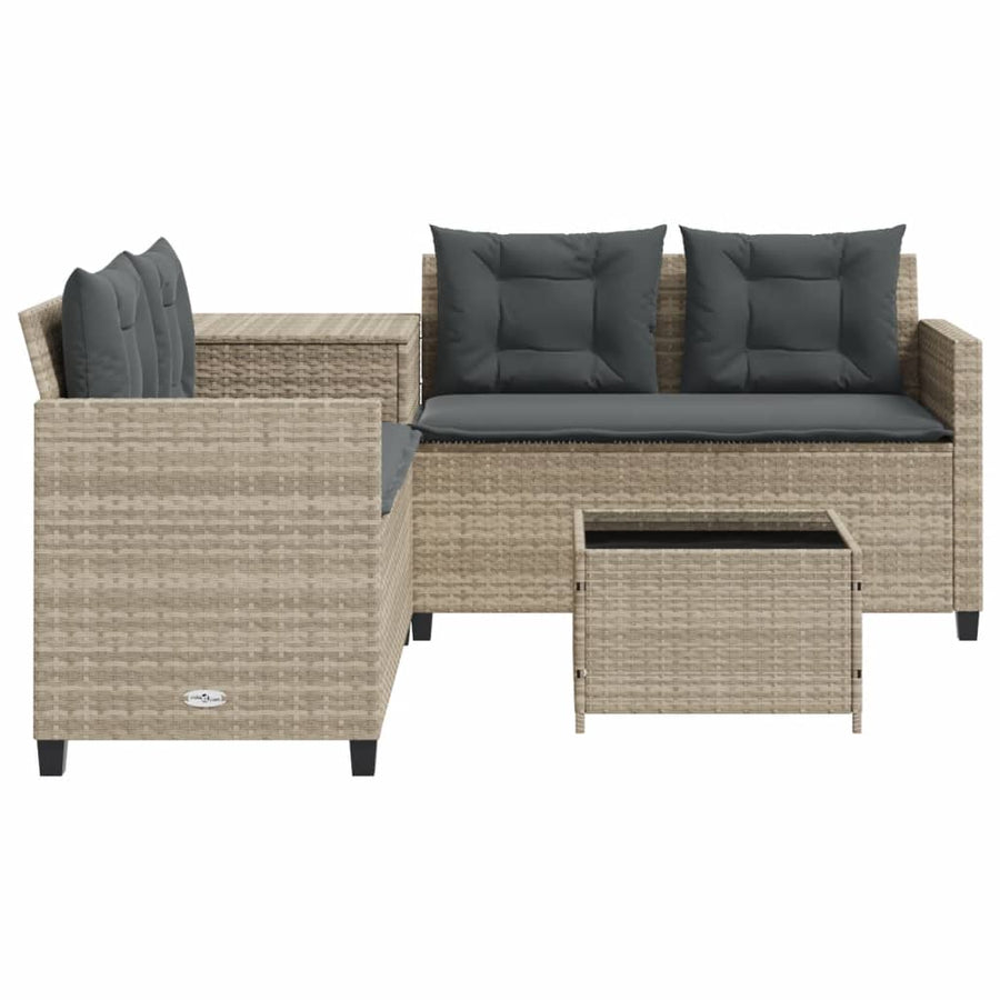 Tuinbank met tafel en kussens L-vormig poly rattan lichtgrijs