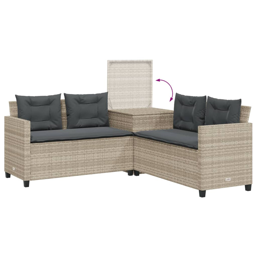 Tuinbank met tafel en kussens L-vormig poly rattan lichtgrijs