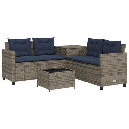 Tuinbank met tafel en kussens L-vormig grijs poly rattan