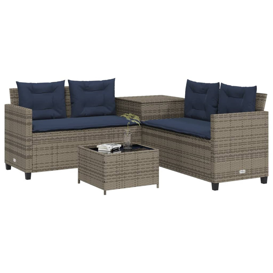 Tuinbank met tafel en kussens L-vormig grijs poly rattan