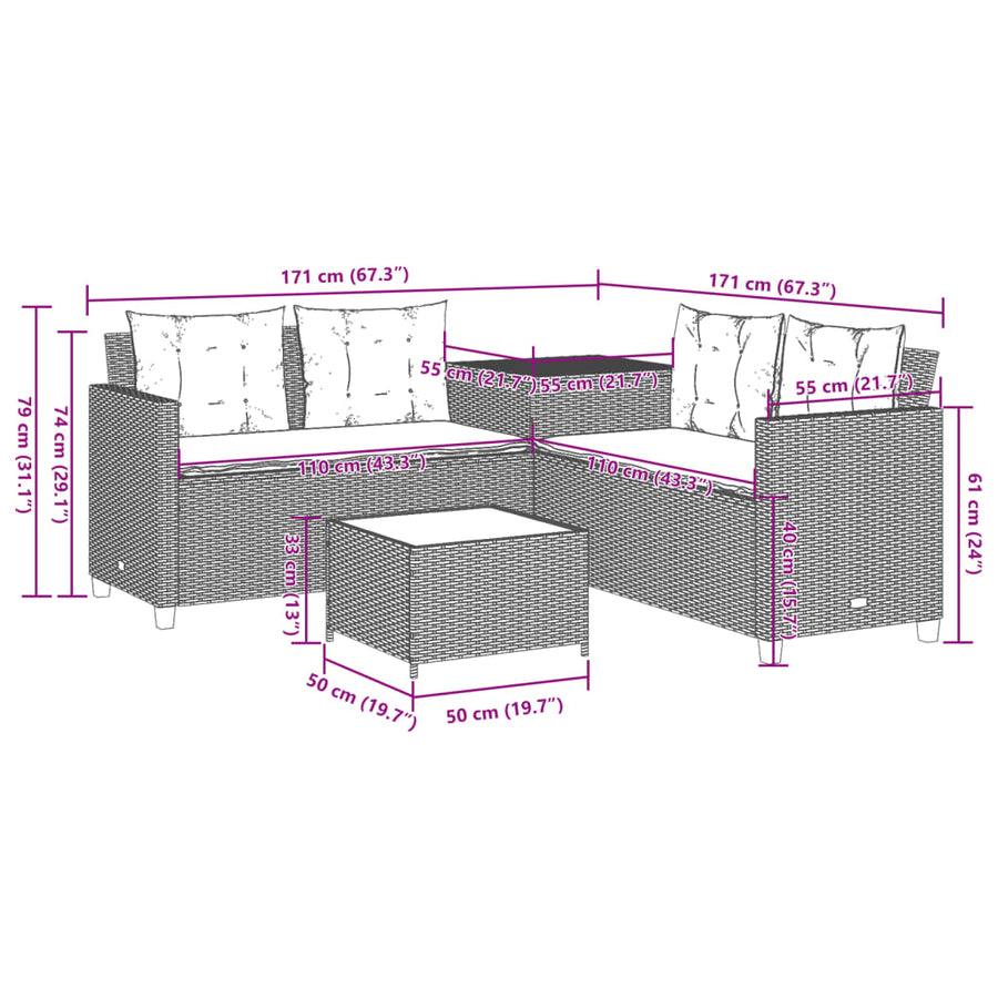Tuinbank met tafel en kussens L-vormig grijs poly rattan