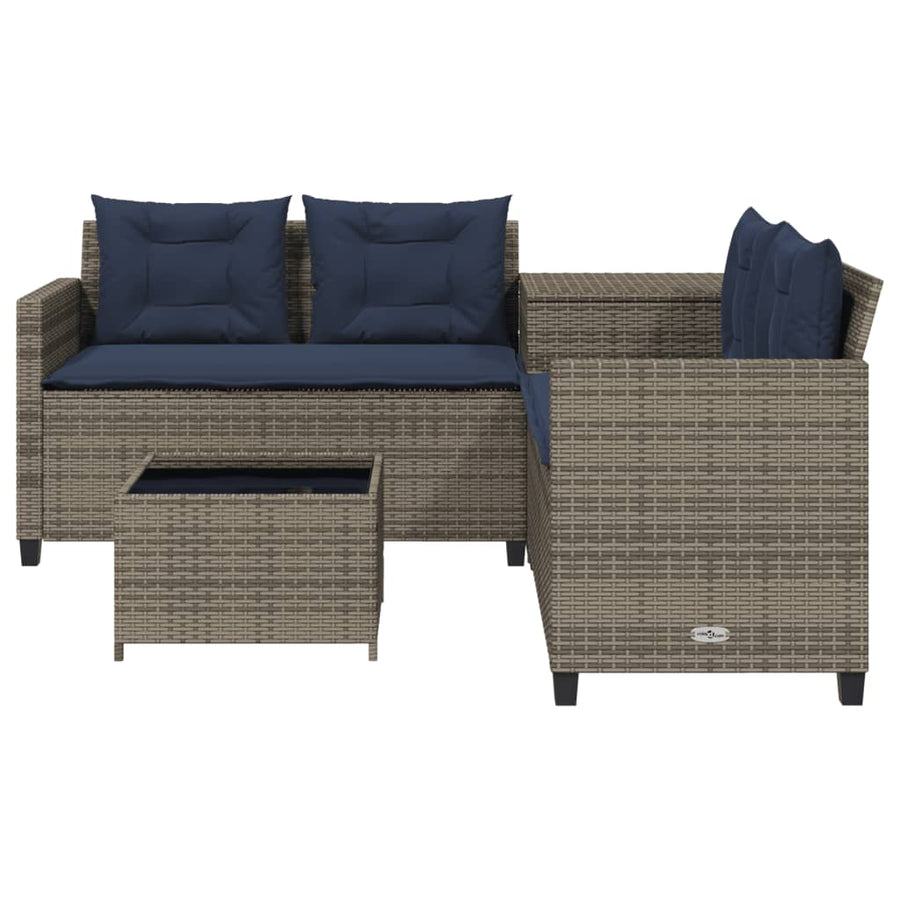 Tuinbank met tafel en kussens L-vormig grijs poly rattan