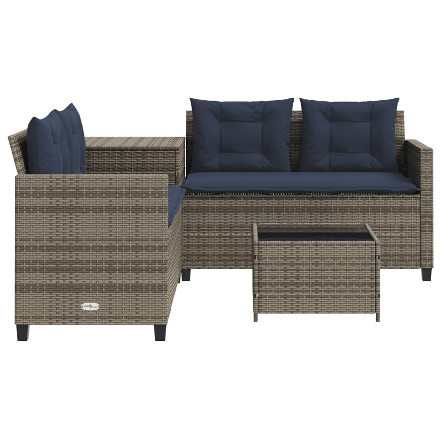 Tuinbank met tafel en kussens L-vormig grijs poly rattan