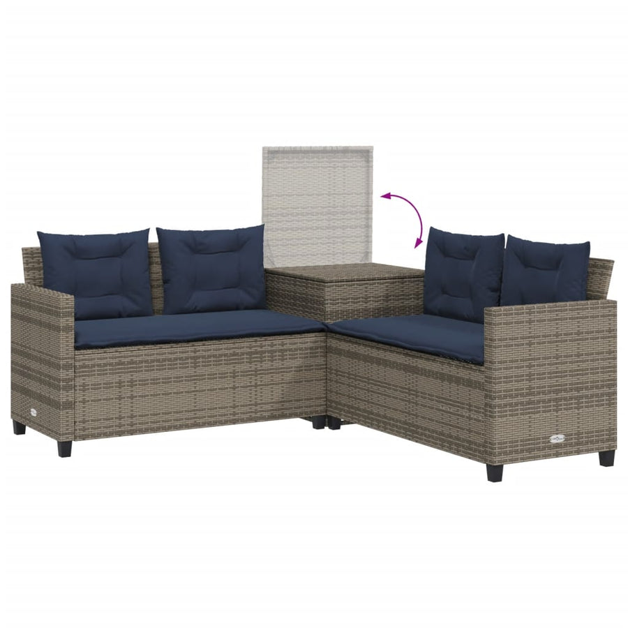 Tuinbank met tafel en kussens L-vormig grijs poly rattan