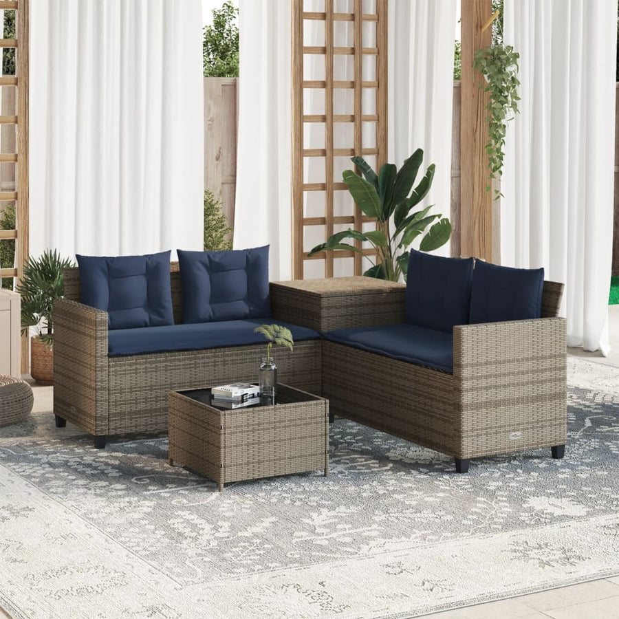 Tuinbank met tafel en kussens L-vormig grijs poly rattan