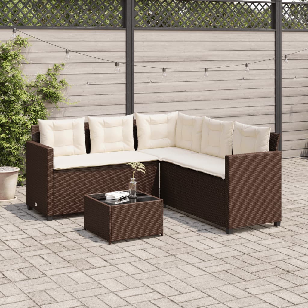 Tuinbank met tafel en kussens L-vormig poly rattan bruin