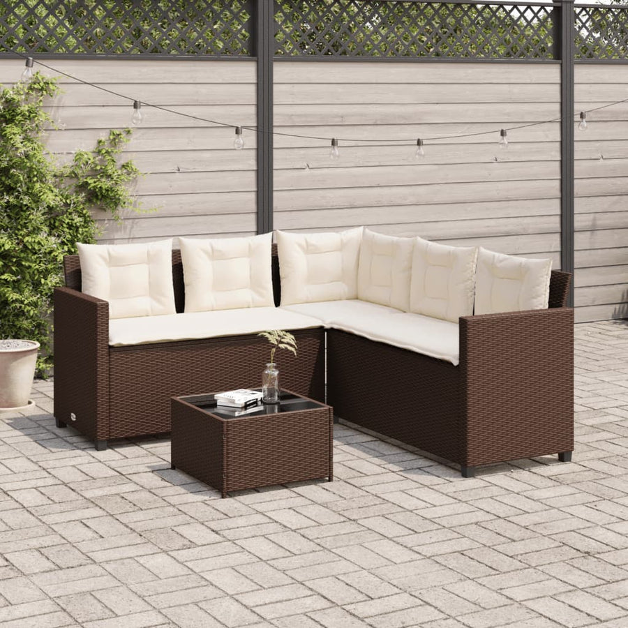 Tuinbank met tafel en kussens L-vormig poly rattan bruin