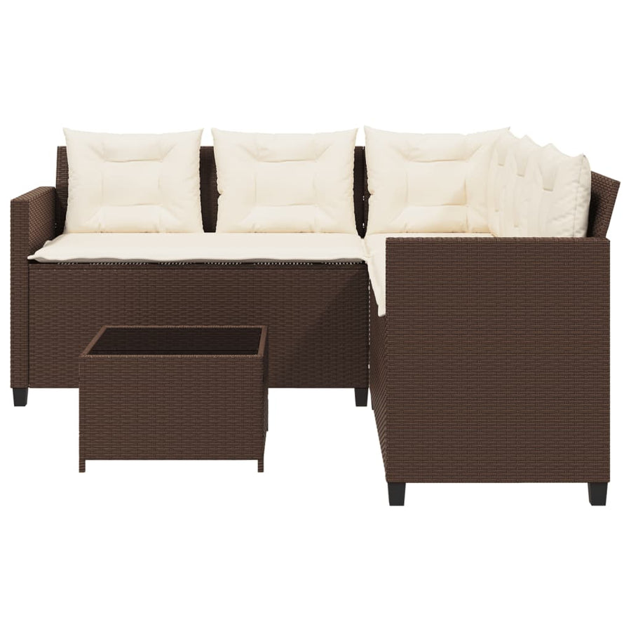 Tuinbank met tafel en kussens L-vormig poly rattan bruin