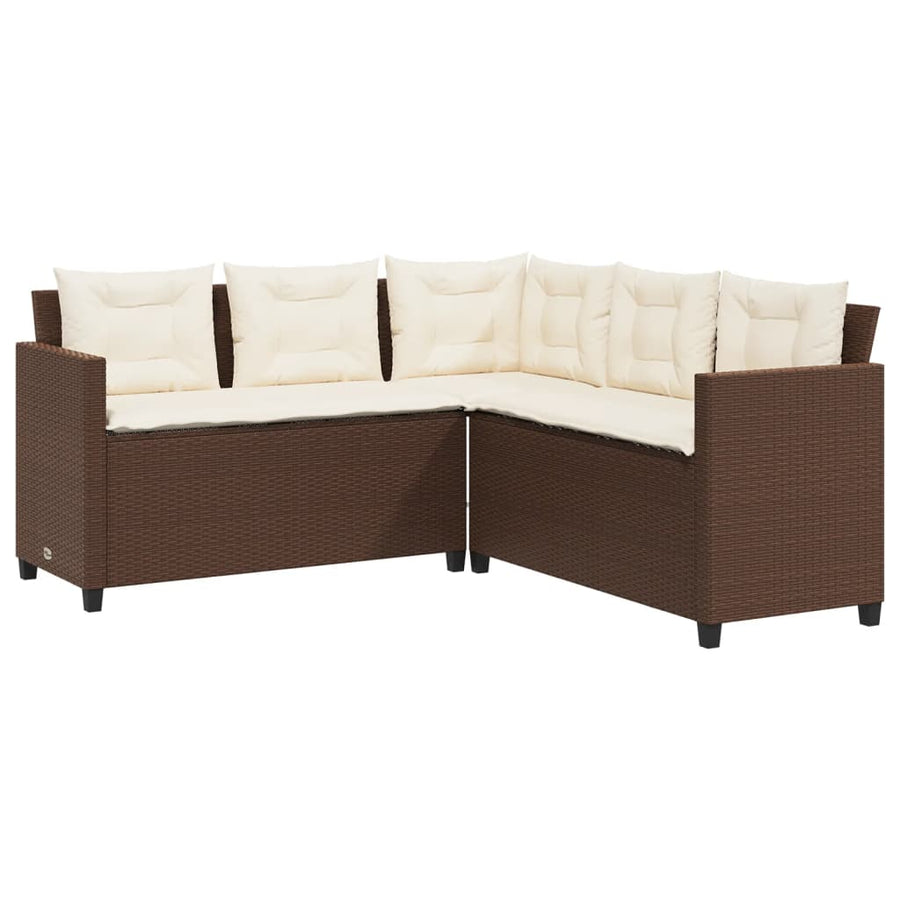 Tuinbank met tafel en kussens L-vormig poly rattan bruin