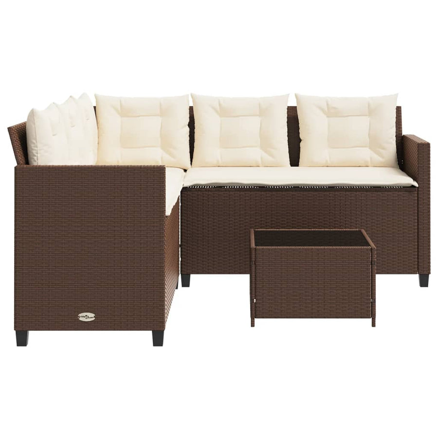 Tuinbank met tafel en kussens L-vormig poly rattan bruin