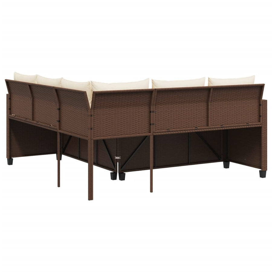 Tuinbank met tafel en kussens L-vormig poly rattan bruin