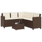 Tuinset poly rattan L-vormig bruin met tafel en kussens