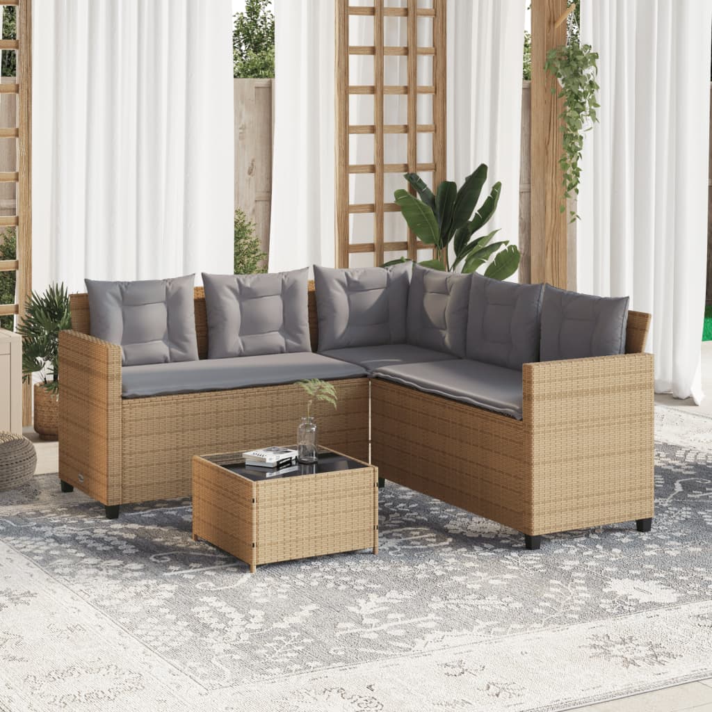 Tuinbank met tafel en kussens L-vormig poly rattan beige