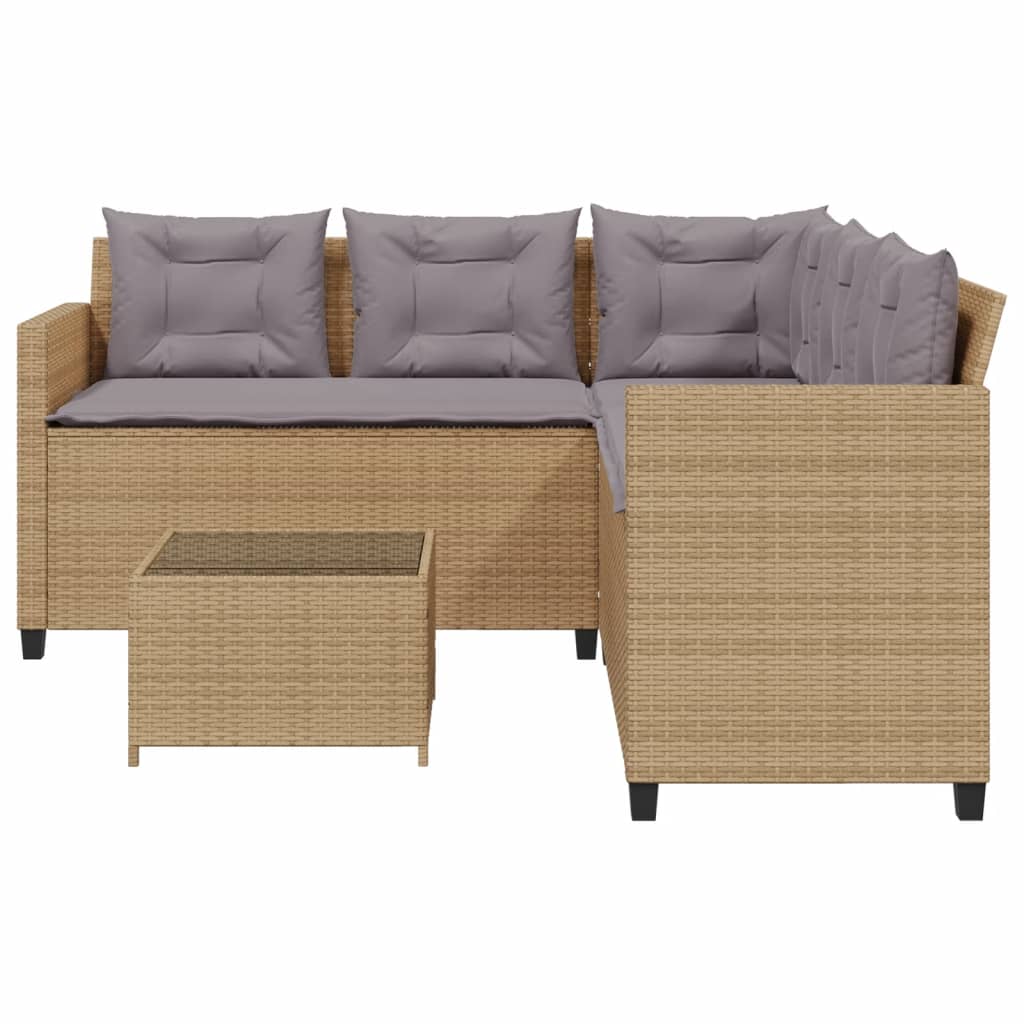 Tuinbank met tafel en kussens L-vormig poly rattan beige