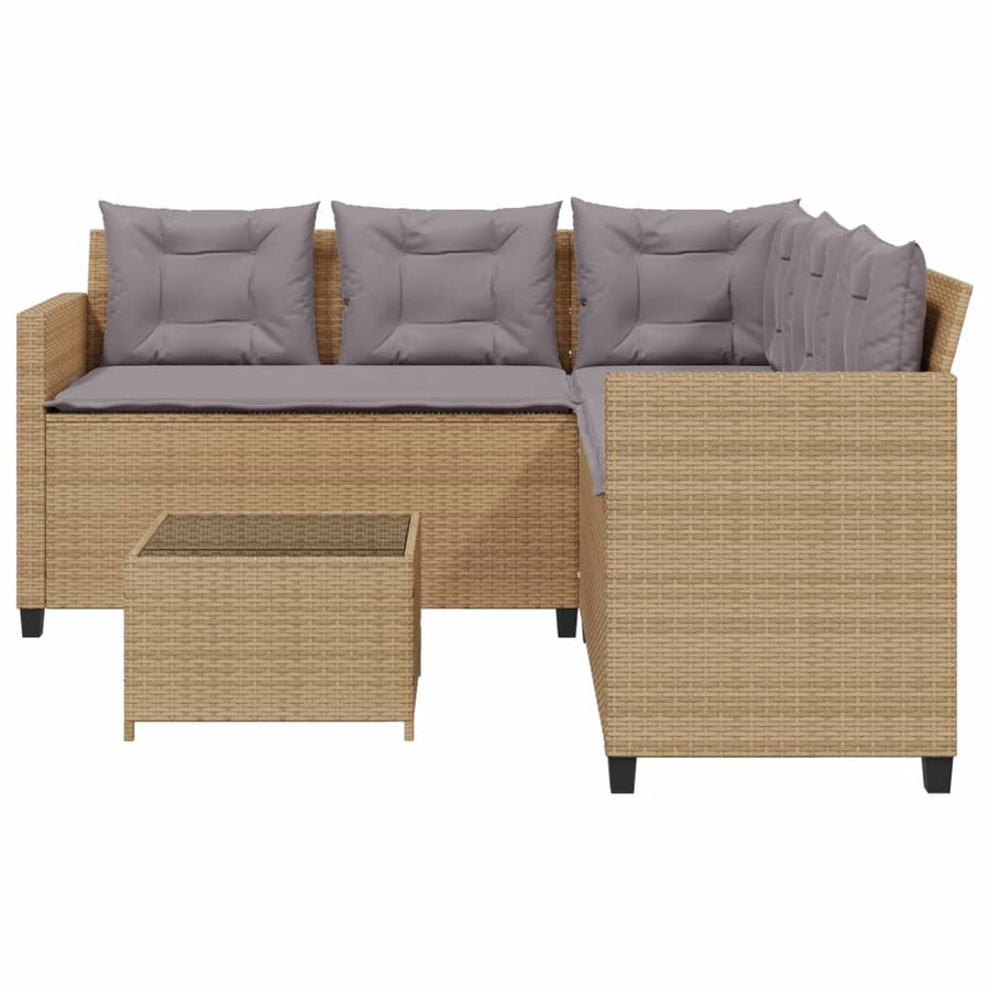 Tuinbank met tafel en kussens L-vormig poly rattan beige