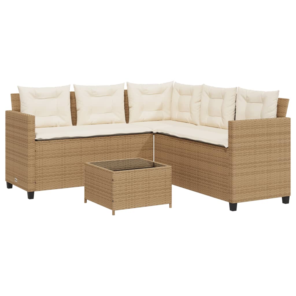 Tuinbank met tafel en kussens L-vormig poly rattan beige
