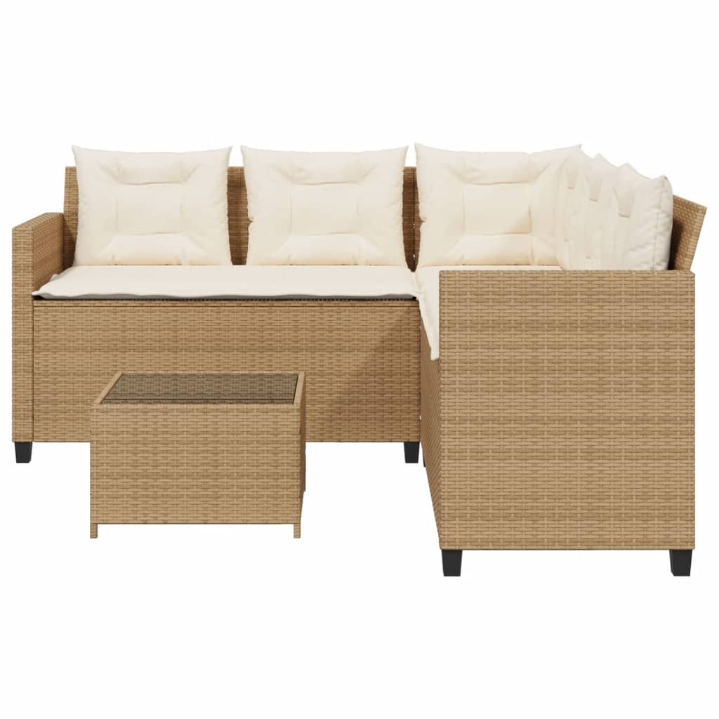 Tuinbank met tafel en kussens L-vormig poly rattan beige