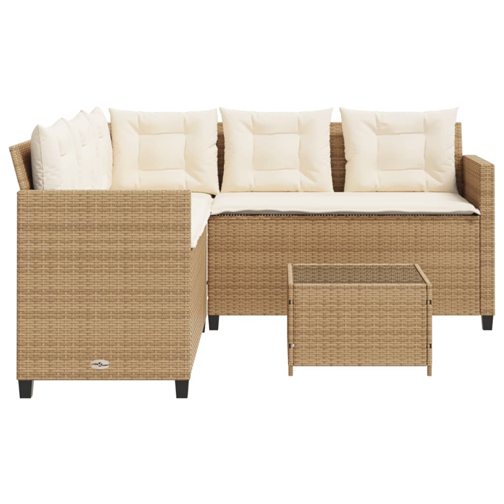 Tuinbank met tafel en kussens L-vormig poly rattan beige
