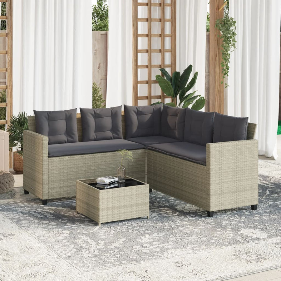 Tuinbank met tafel en kussens L-vormig poly rattan lichtgrijs