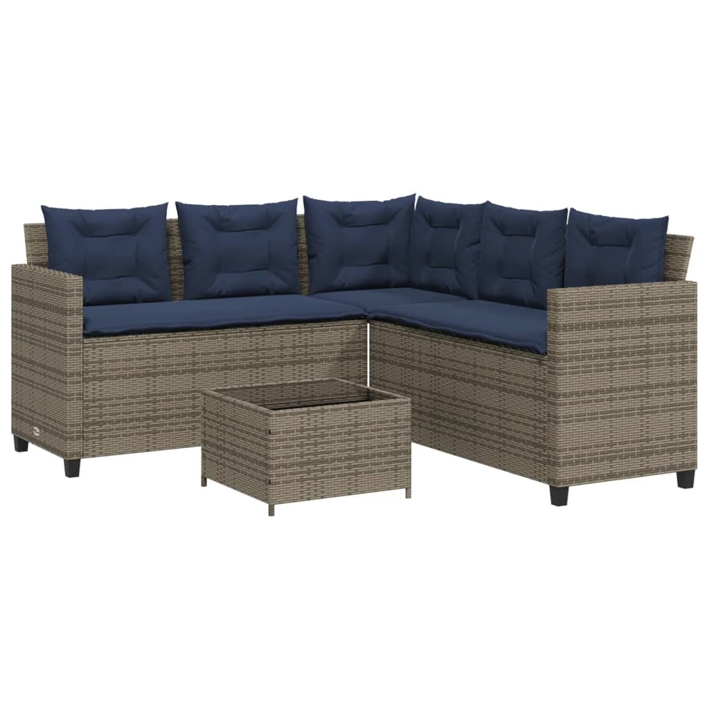 Tuinbank met tafel en kussens L-vormig grijs poly rattan