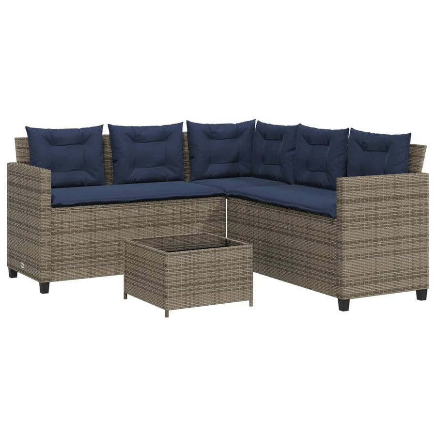 Tuinbank met tafel en kussens L-vormig grijs poly rattan