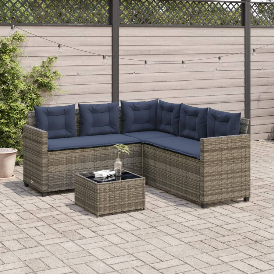 Tuinbank met tafel en kussens L-vormig grijs poly rattan