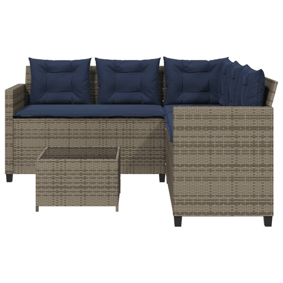 Tuinbank met tafel en kussens L-vormig grijs poly rattan
