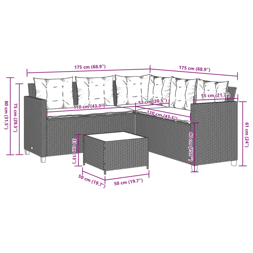 Tuinbank met tafel en kussens L-vormig grijs poly rattan