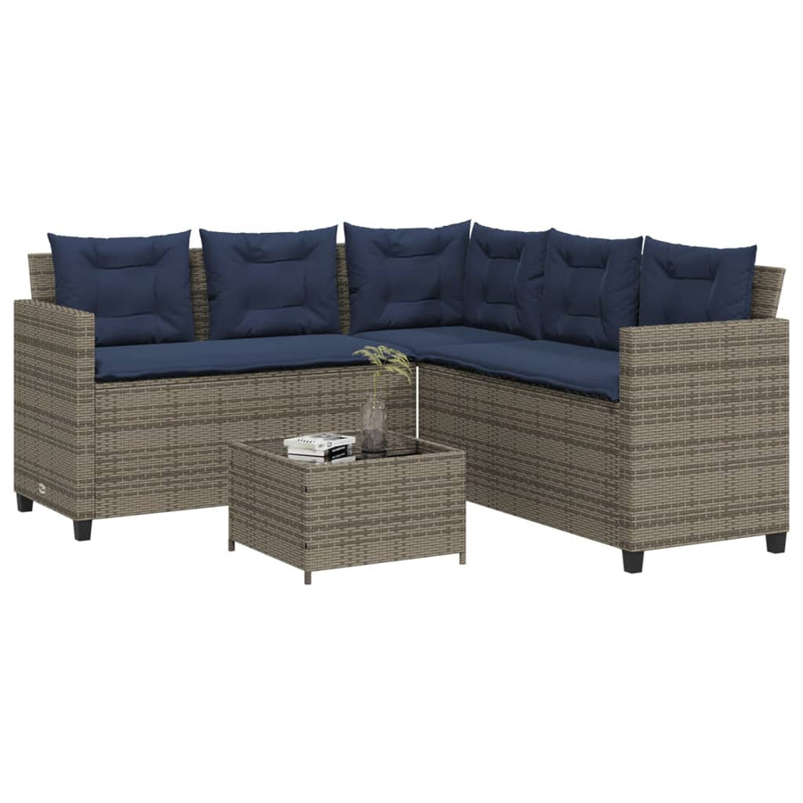 Tuinbank met tafel en kussens L-vormig grijs poly rattan