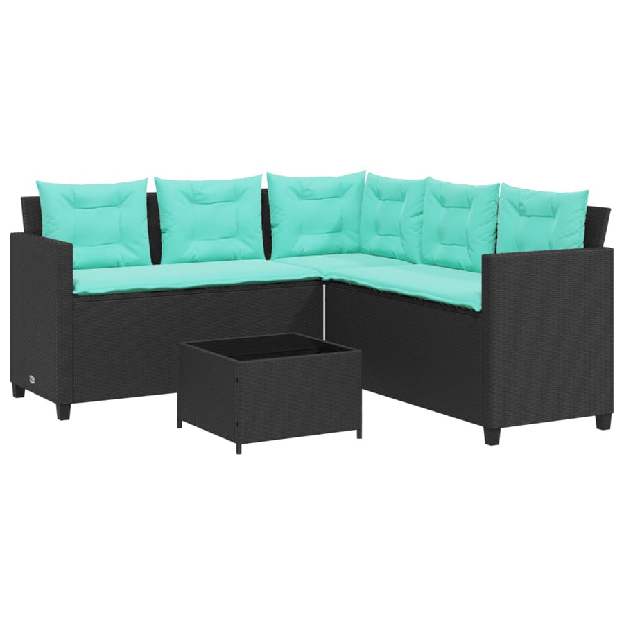 Tuinbank met tafel en kussens L-vormig zwart poly rattan