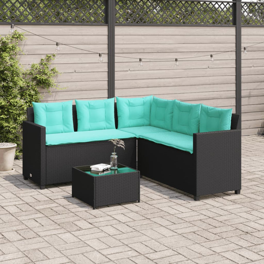 Tuinbank met tafel en kussens L-vormig zwart poly rattan
