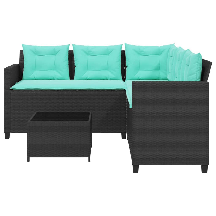 Tuinbank met tafel en kussens L-vormig zwart poly rattan