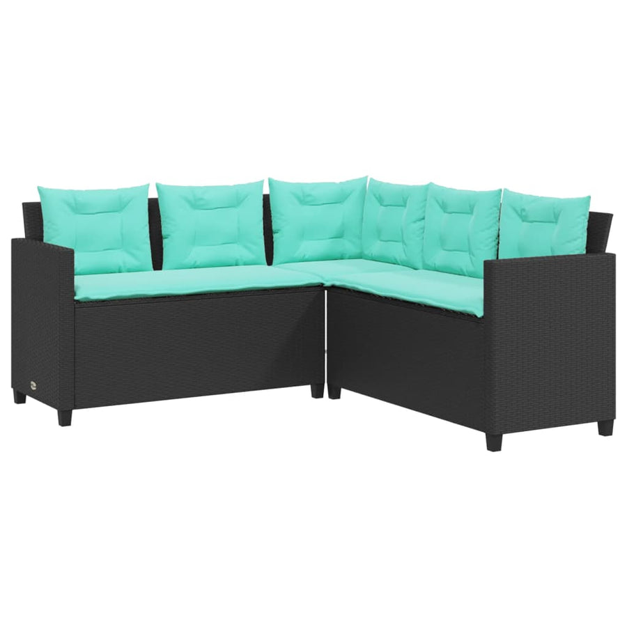 Tuinbank met tafel en kussens L-vormig zwart poly rattan