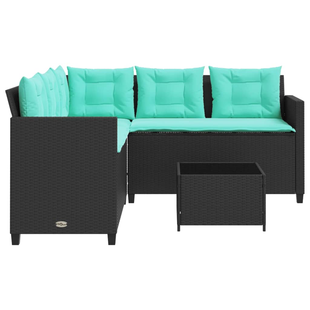 Tuinbank met tafel en kussens L-vormig zwart poly rattan