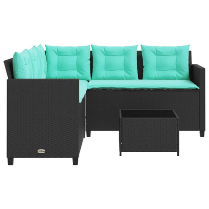 Tuinbank met tafel en kussens L-vormig zwart poly rattan