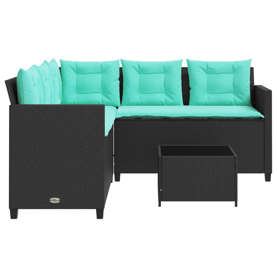 Tuinbank met tafel en kussens L-vormig zwart poly rattan
