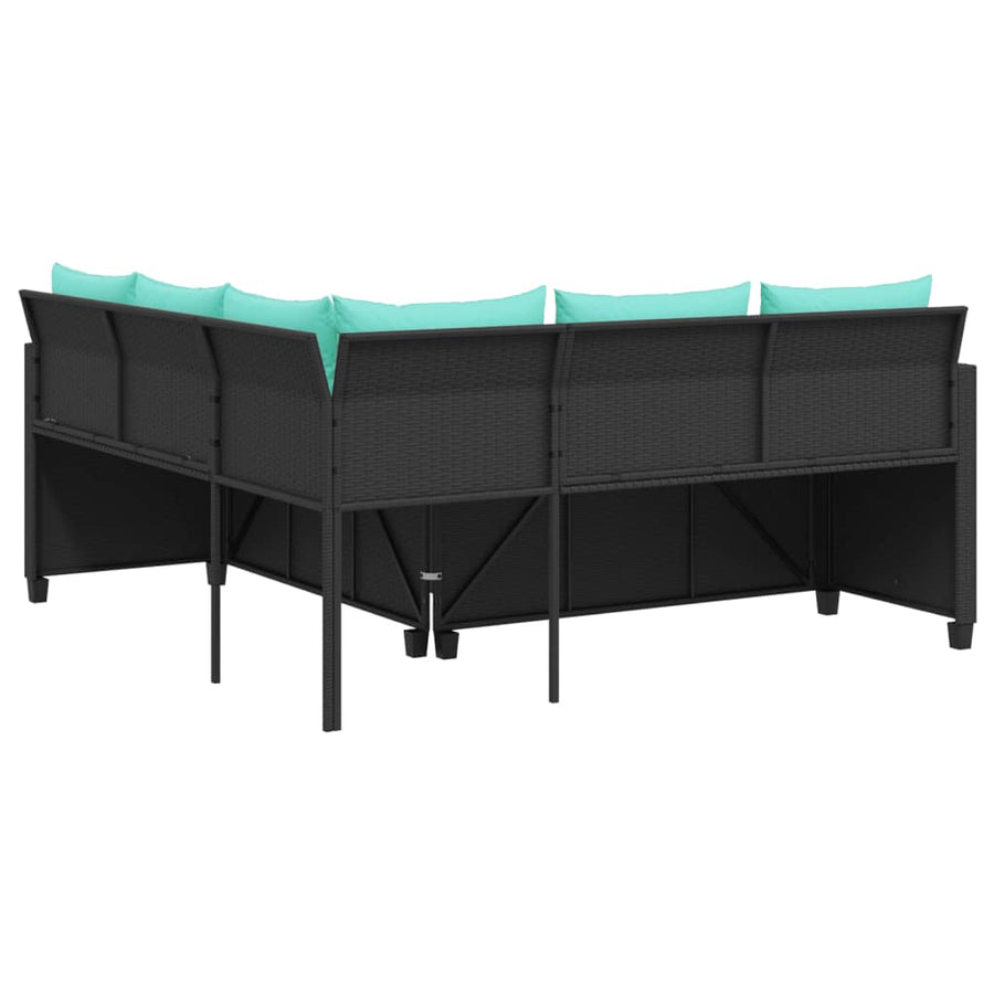 Tuinbank met tafel en kussens L-vormig zwart poly rattan