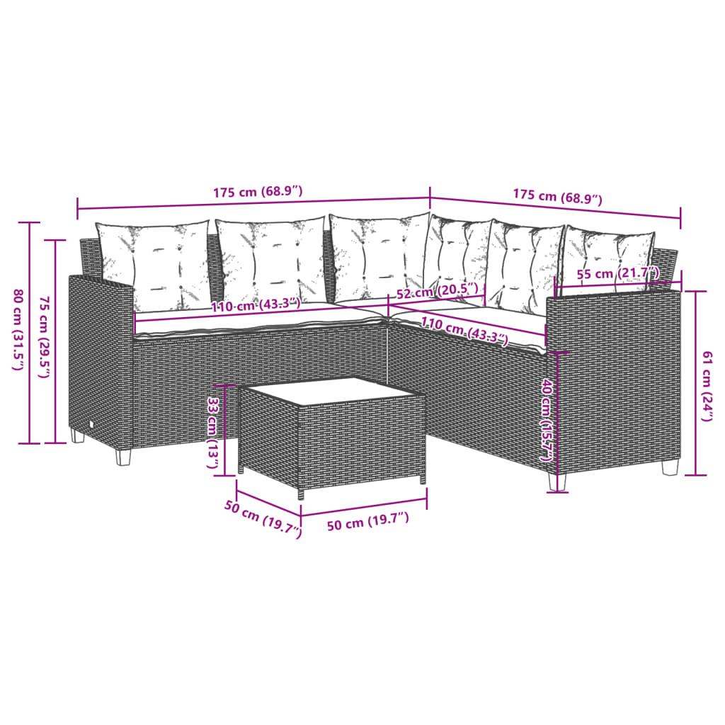 Tuinbank met tafel en kussens L-vormig zwart poly rattan