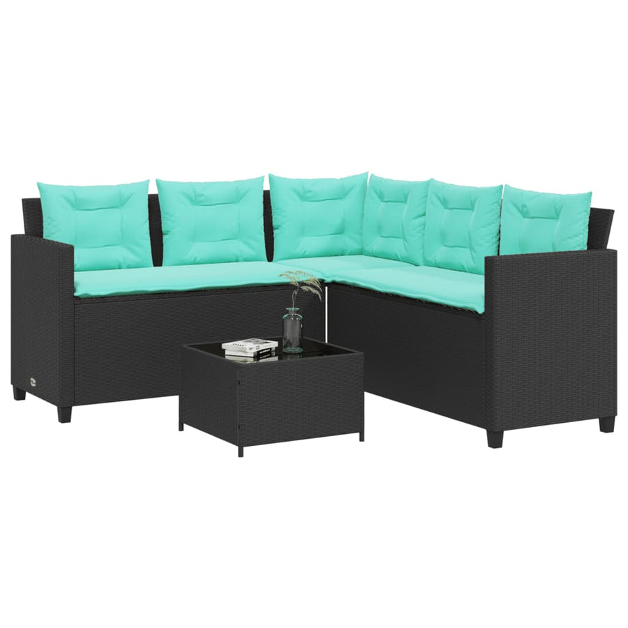 Tuinbank met tafel en kussens L-vormig zwart poly rattan