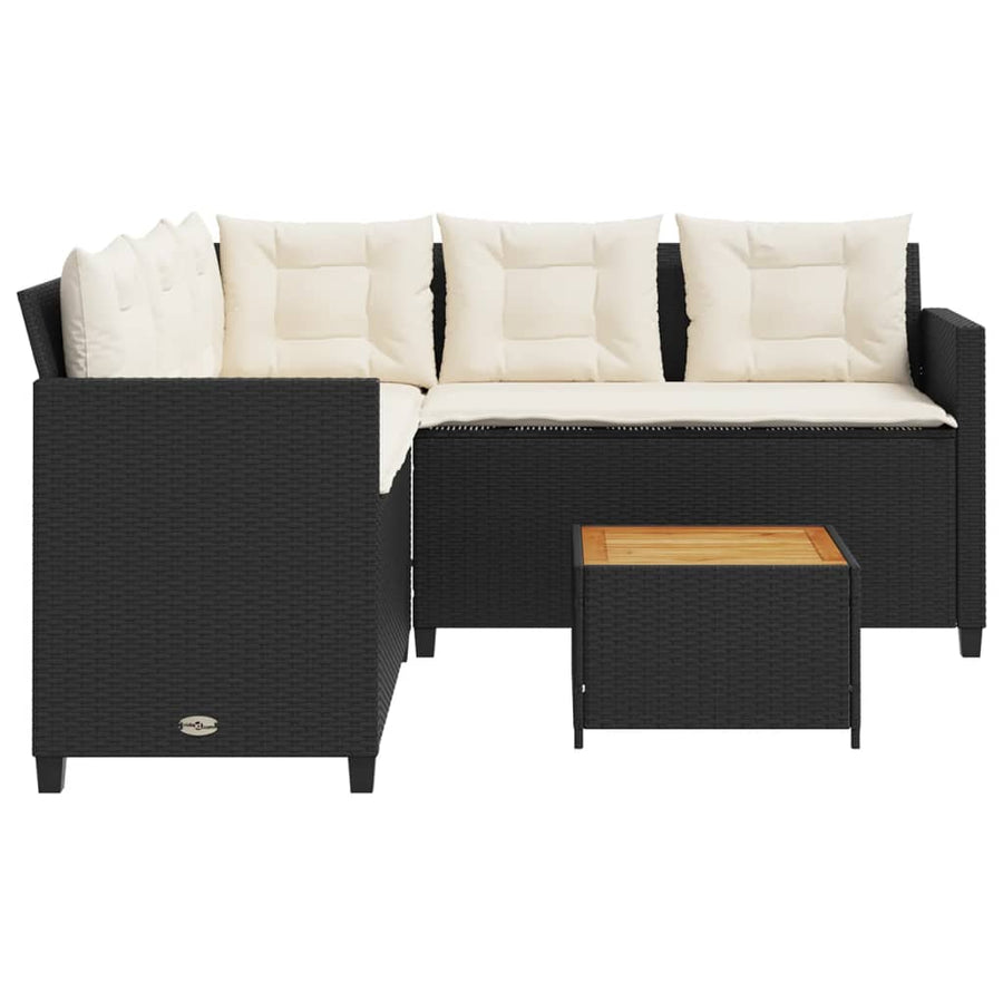 Tuinbank met tafel en kussens L-vormig poly rattan zwart