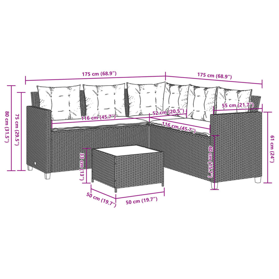 Tuinbank met tafel en kussens L-vormig poly rattan grijs