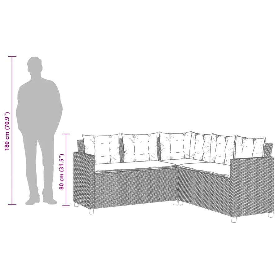 Tuinbank met tafel en kussens L-vormig poly rattan grijs