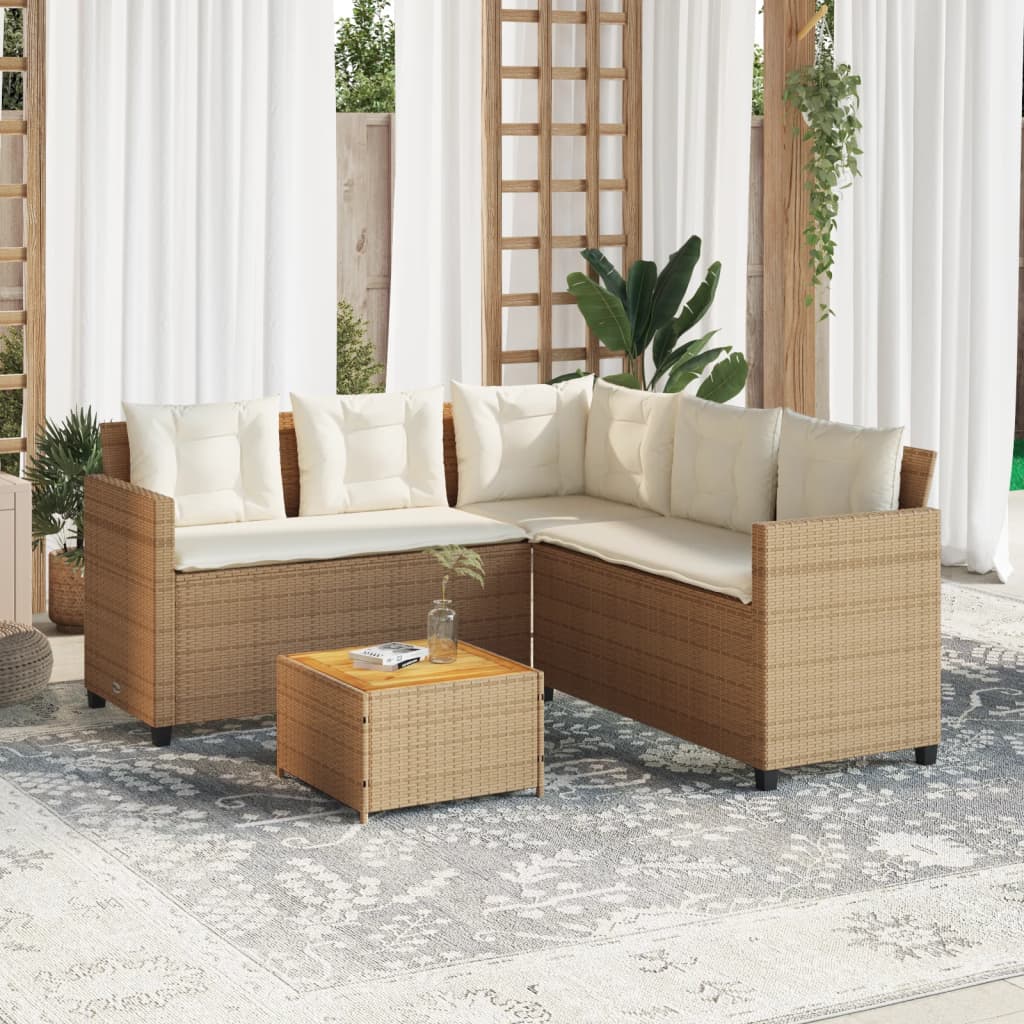 Tuinbank met tafel en kussens L-vormig poly rattan beige