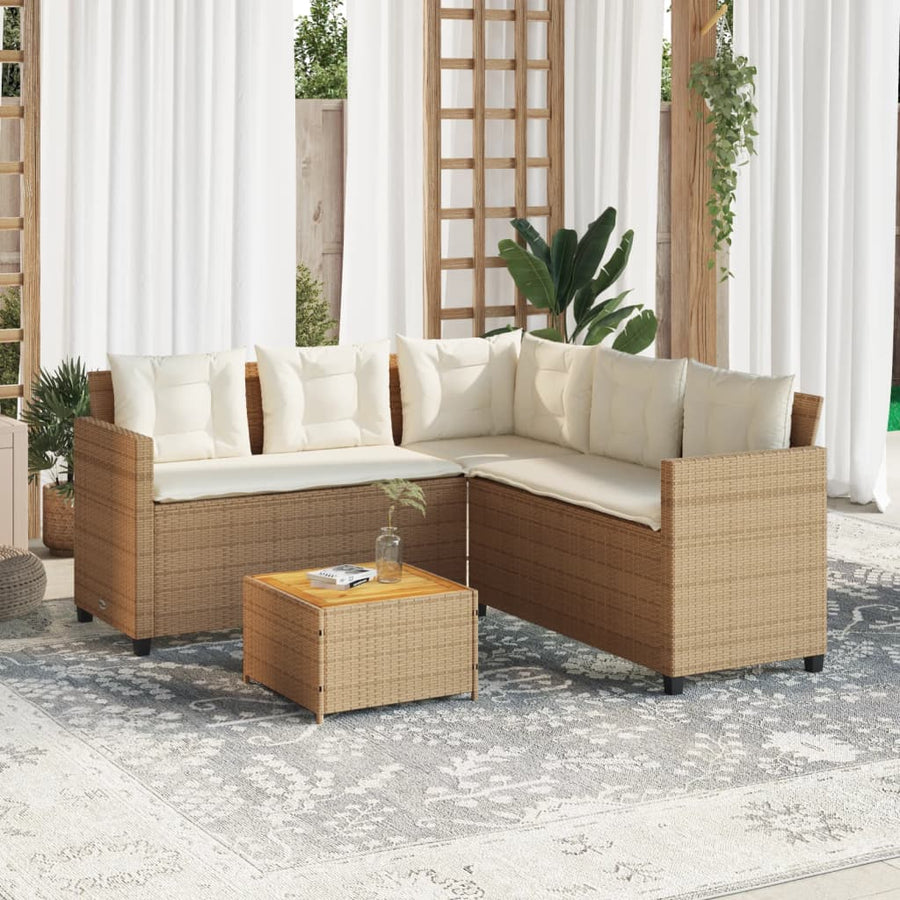 Tuinbank met tafel en kussens L-vormig poly rattan beige